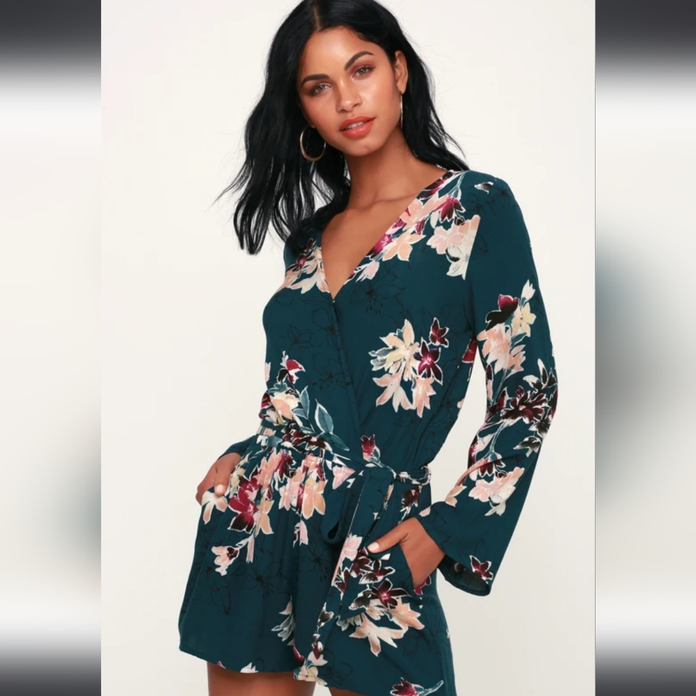 Lulus Where I Belong Teal Green Floral Print Long Sleeve Romper XS